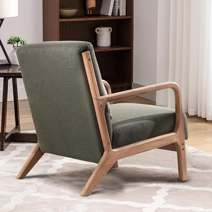 INZOY Mid Century Modern Accent Chair with Wood Frame, Upholstered Living Room Chairs with Waist Cushion, Reading Armchair for Bedroom Sunroom (Green)