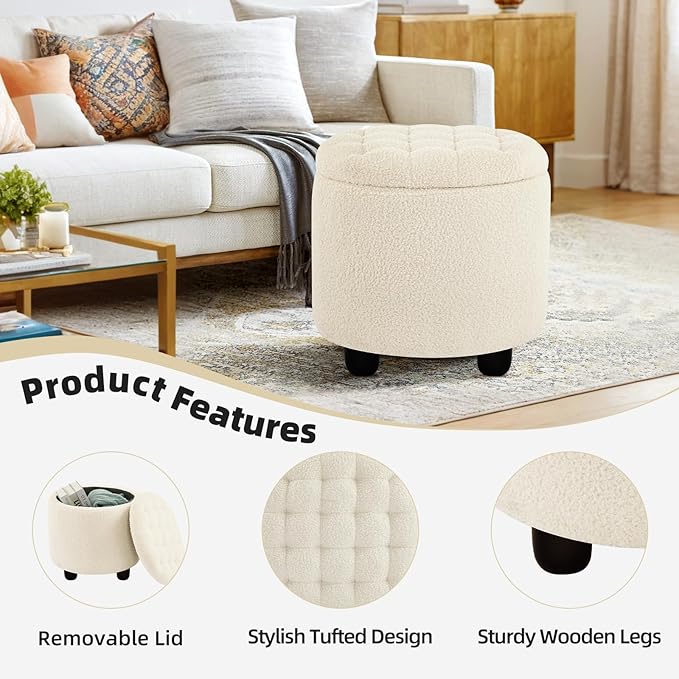 Furniliving Modern Round Storage Ottoman,Button Tufted Ottoman Foot Stools Ottoman Footstool with Removable Lid Storage Ottomans for Living Room, Bedroom, Makeup Room,Sherpa, IvoryWhite