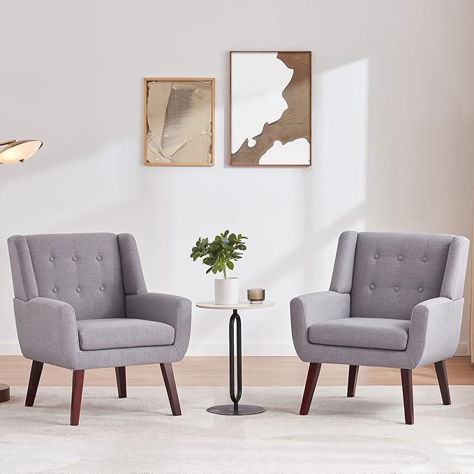 HUIMO Button-Tufted Accent Chairs Set of 2,Upholstered Reading Living Room Chair,Mid Century Modern Chair with Linen Fabric, Club Chair,Comfy Arm Chairs for Living Room,Bedroom,Light Grey