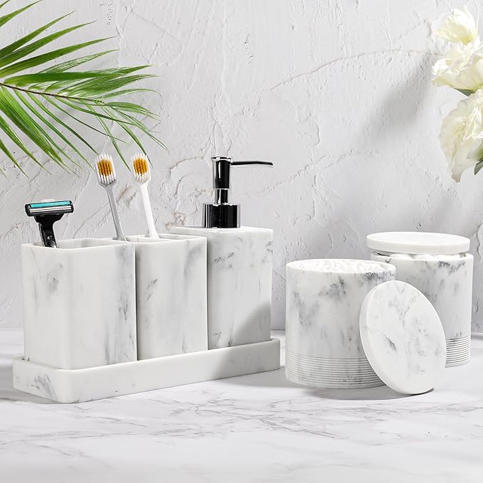 Bathroom Accessories Set, 6 Piece Bathroom Set with Toothbrush Holders, Soap Dispenser, Vanity Tray, Tumbler, Cotton Swab Jars, Bathroom Organizer,Bathroom Sink Sets, Artificial Marble White