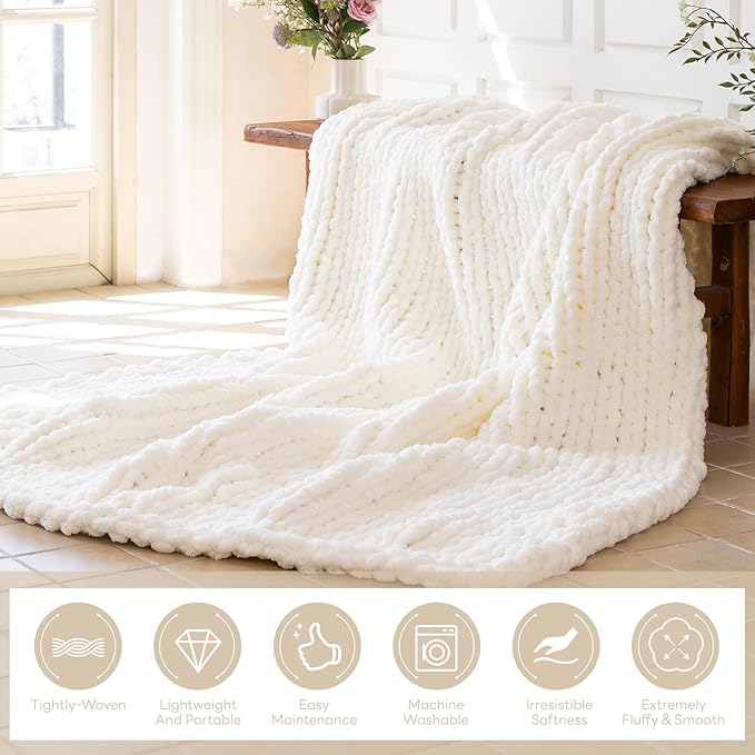 Chunky Knit Blanket - Luxury Soft Cozy 60 * 80 Throw Blanket,100% Woven Blanket Rope Knot Throw Blanket for Couch, Sofa, Home Decor, Gift - Machine Washable(Milk White)