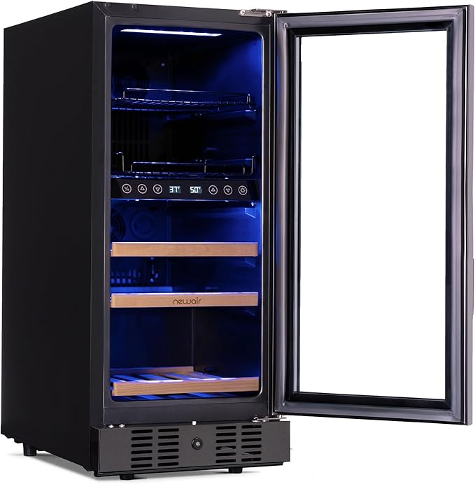 Newair 15" Wine and Beverage Refrigerator 9 Bottle and 48 Can Capacity, Beverage Cooler in Stainless Steel, Built-in or Freestanding Dual Zone Drink Fridge with Triple-Pane Glass Door