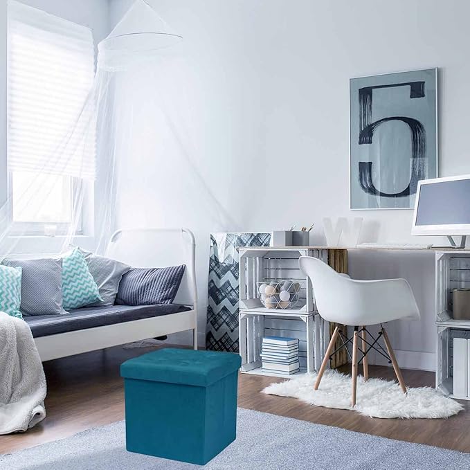 Sorbus Folding Ottoman - Foot Rest Cube, Bedroom Bench, Coffee Table, Shoe Storage, Foot Stool, Pouf - Teal Blue Suede Velvet