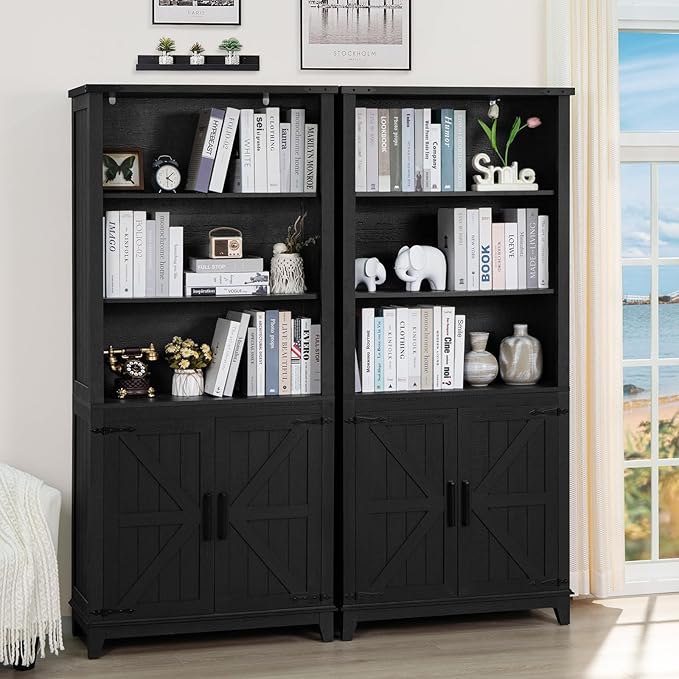 70in Tall Bookshelf 5 Tier Bookcase with Barn Doors and Adjustable Shelves, Black Farmhouse Book Shelf with Storage Cabinet, Wood Freestanding Display Bookshelves for Bedroom, Kitchen (3PCS)