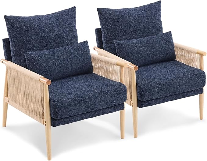 VINGLI Boho Braid Accent Armchairs Set of 2,Mid-Century Modern Chiars with Solid Wooden Armrest,Comfy Louge Cushion Chairs with Waist Pillow for Bedroom,Living Room,Reading Room, Blue