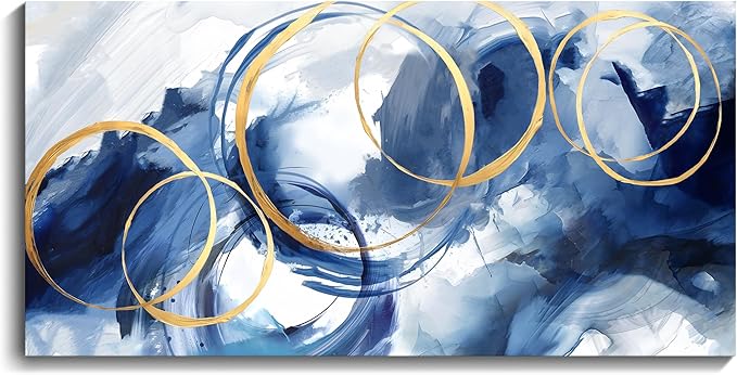 AJAZIKO Abstract Wall Art Blue Modern Art Wall Decor Artwork For Walls Living Room Huge Wall Canvas Office Pictures For Wall Navy Gold Contempor Decorations For Bedroom Size 24x48in