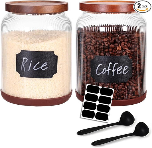 SAIOOL 2-Pack Striped Borosilicate Glass Airtight Canisters - Big mouth Large Capacity, Acacia Wood Lid, Food Storage Jars for Flour, Pasta, Pantry Organization (3/4 Gallon (2 Striped pack))
