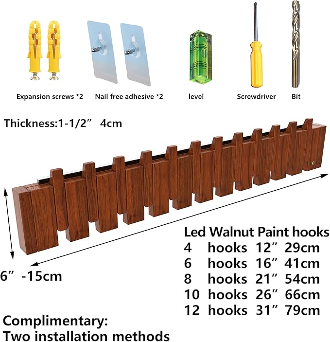 Wall Mounted Piano Key Hanger | Flip Style Hook | Entrance Wall Art Hook, Made of Oak Wood (3 Times Painted, 4 Times Polished) (LED Walnut, 12Hooks)