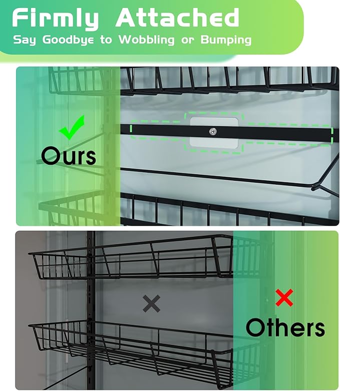 Over The Door Pantry Organizer, Pantry Storage and Organization, 6-Tier Adjustable Hanging Baskets, Metal Wall Mount Spice Rack Seasoning Shelves for Home & Kitchen, Laundry Bathroom - Black