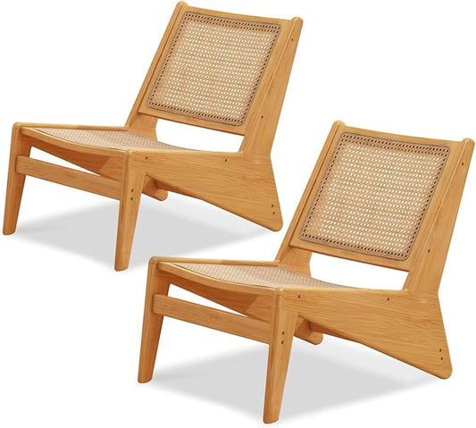 Rattan Chair 2Pcs, Mid Century Modern Accent Chair, Leisurely Reading Chair for Living Room(Wood)