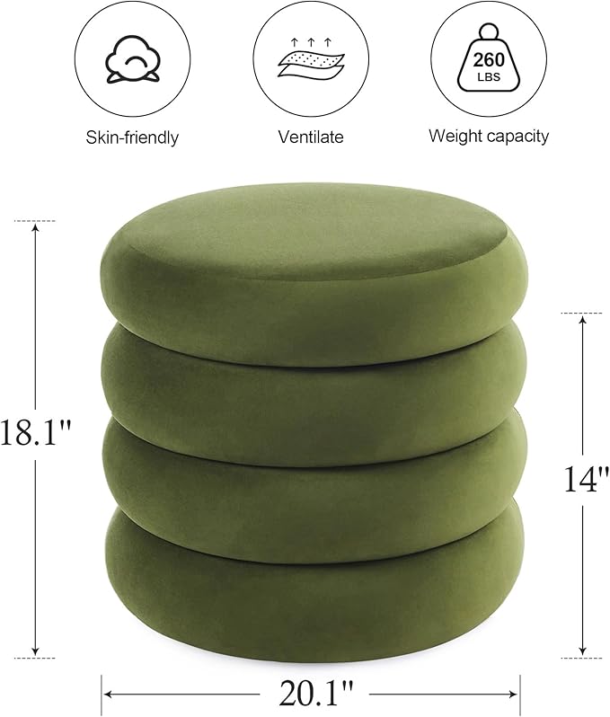 ONEVOG Round Storage Ottoman, 20" Small Ottomans Table with Removable Lid, Velvet Fabric Soft Footrest Stool for Couch, Upholstered Stuffed Circle Seat for Livingroom/Bedroom/Dorm/Vanity, Olive Green