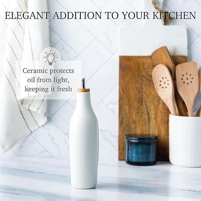 kitchentoolz Ceramic Olive Oil Dispenser Bottle - Vinegar EVOO Soy Sauce Holder - Minimalist White Kitchen Accessories - 16.9 oz Kitchen Oil Cruet Pour Bottle
