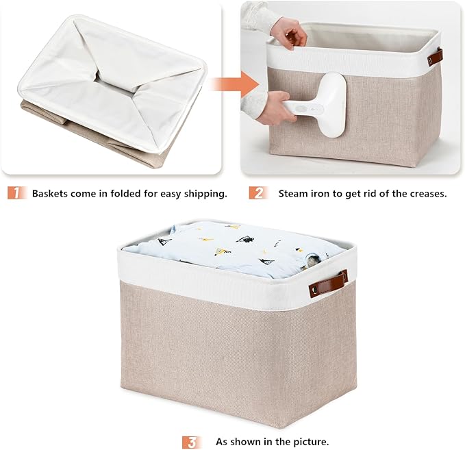 DULLEMELO Fabric Storage Bins, Lining Fabric Baskets For Gifts, Large Storage Baskets for Toys Books Clothes Storage, Foldable Storage Basket for Office Home Shelves Closets Organizing(White&Khaki)