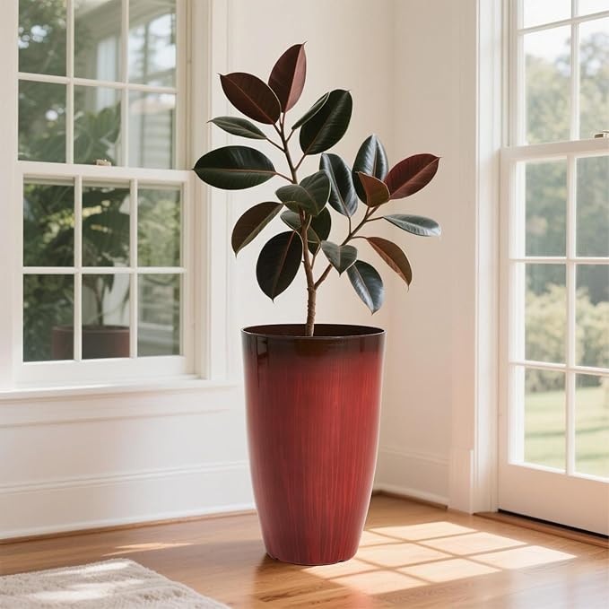 Worth Garden 20" H. Plastic Planters - Set of 2 Gradient Red Glossy Smooth Finish - Tall Plant Pots Drain Hole for Indoor Outdoor Use - Decorative Lightweight Flower Pots for Front Porch, Patio, Deck