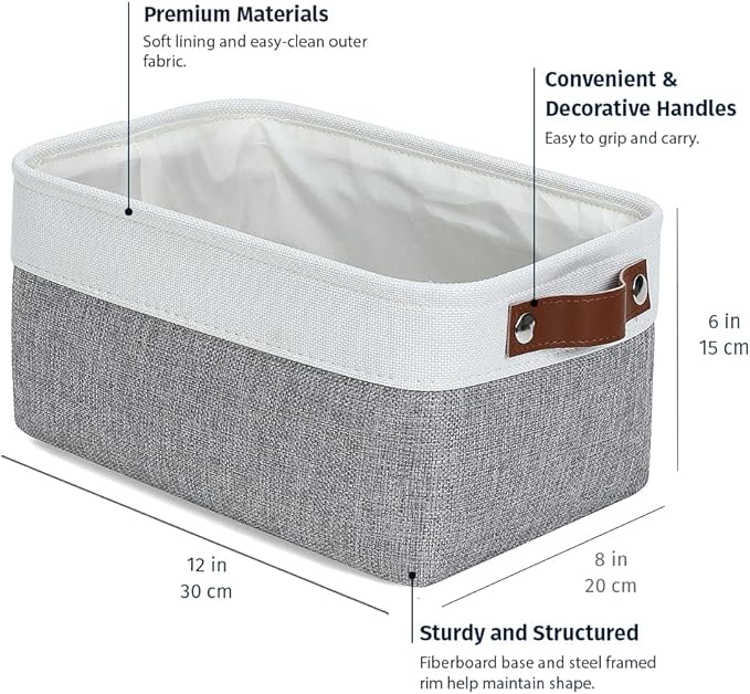 OrganiHaus Small Fabric Storage Bins for Shelves 3 Pack, 12x8in Closet Storage Bins for Shelves, Cloth Baskets for Organizing, Linen Closet Organizers, Fabric Basket, Shelf Organizer Bins Gray/White