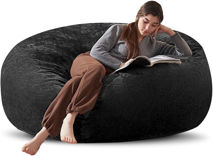 Bean Bag Chair 6Ft, Memory Foam Filled, Large Beanbag Chairs for Adults and Teens, Soft Sofa with Removable Flannel Cover, Round Couch for Living Room Bedroom College Dorm (Black, 6FT-67×67"×24")