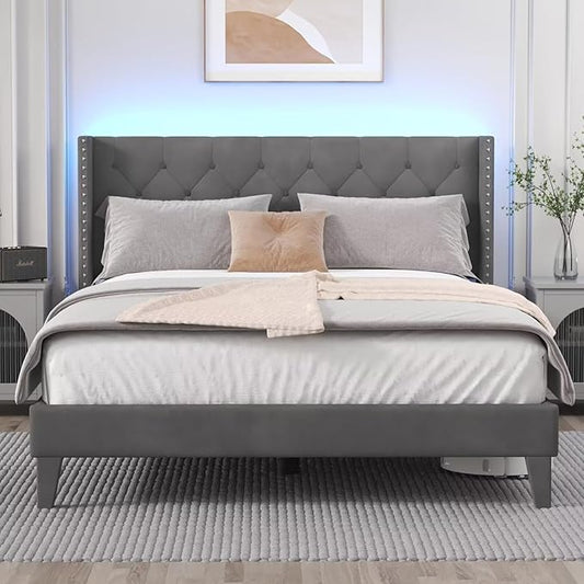 Queen Size Bed Frame with LED Lights, Upholstered Bed Frame with Wingback Diamond Tufted Headboard, Wood Slats Support, Noise-Free, Easy Assembly, No Box Spring Needed, Grey