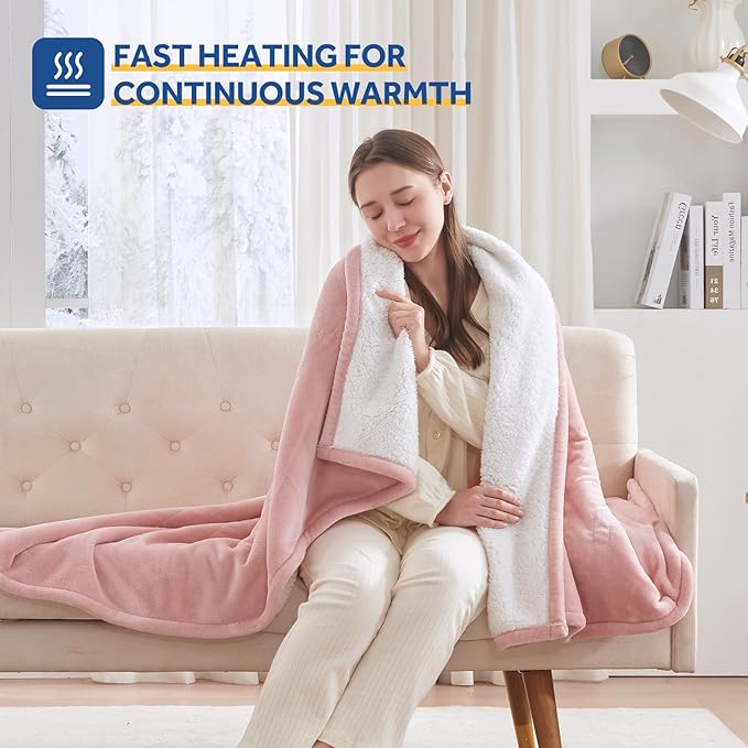 Sealy Electric Blanket Throw Size 50"*60",Super Cozy Flannel to Sherpa Reversible Heated Blanket Throw with 6 Heating Levels & 2-10 Hours Auto Off Overheating Protection Machine Washable,Pink