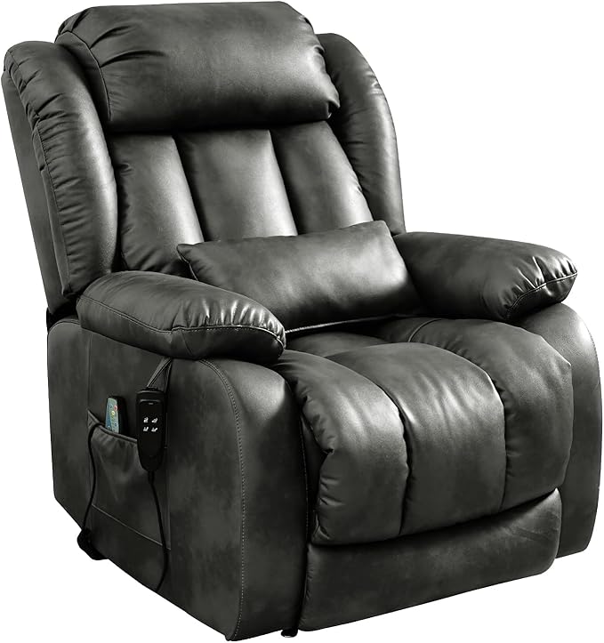 MAEVIS Large Genuine Leather Power Lift Recliner Chair, Dual Motor Recliner for Elderly,Extended Footrest and Lumbar Pillow for Tall Man,with Heat and Massage, USB and Type-C Ports(Silver Gray)