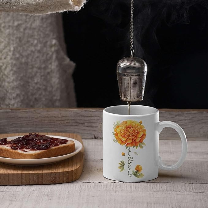 Unique Marigold Themed Ceramic Mug, Personalized Name Flower Accent Cup, Lovely Floral Coffee Mug 11oz 15oz, Custom Ceramic Mug For Flower Lover, Customized Marigold Decorative Cup