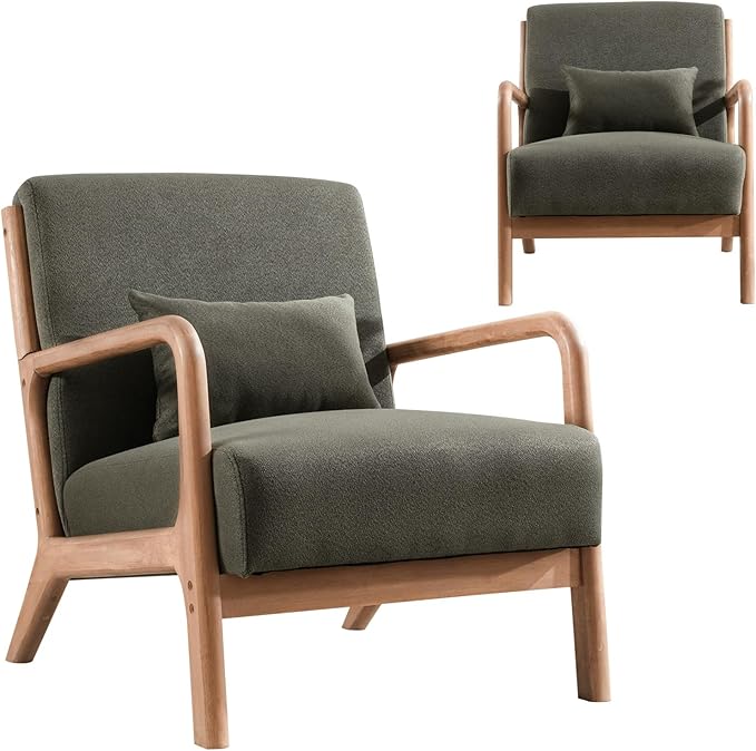 INZOY Mid-Century Modern Accent Chair Set of 2, Green Living Room Chairs with Waist Cushion, Upholstered Reading Armchair for Bedroom Sunroom