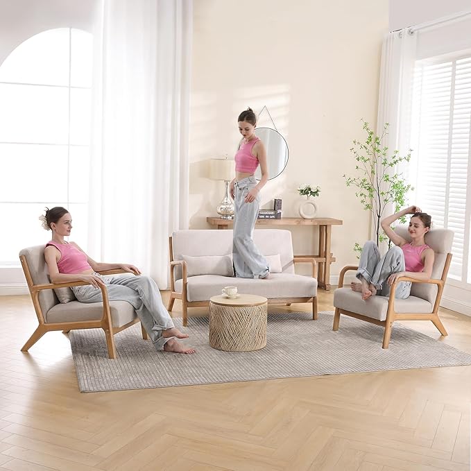 INZOY Mid-Century Modern Accent Chair Set of 2, Upholstered Living Room Chairs with Waist Cushion, Reading Armchair for Bedroom Sunroom