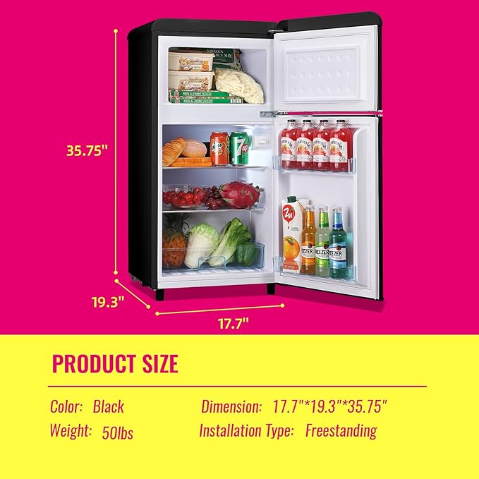 Mini Fridge Dual Door Refrigerator with Freezer, 3.5 Cu.Ft Compact Refrigerator with Handle, Adjustable Temperature & Removable Glass Shelves, for Apartment/Dorm/Office/RV, Black