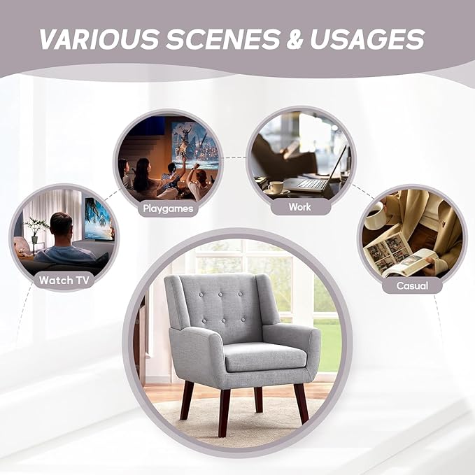 HUIMO Button-Tufted Accent Chairs Set of 2,Upholstered Reading Living Room Chair,Mid Century Modern Chair with Linen Fabric, Club Chair,Comfy Arm Chairs for Living Room,Bedroom,Light Grey