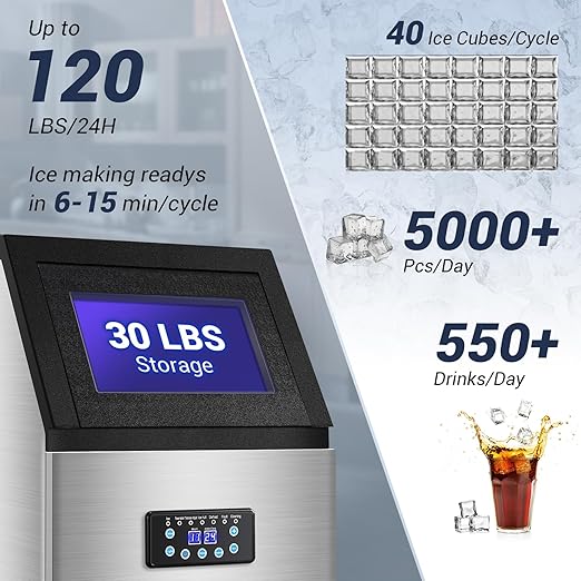 Commercial Ice Maker Machine 120LBS/24H with 30LBS Storage Bin, 15" Wide Undercounter/Freestanding Ice Maker Machine for Home Bar Outdoor, 40PCS Ice Cubes Ice Machine, Self Cleaning