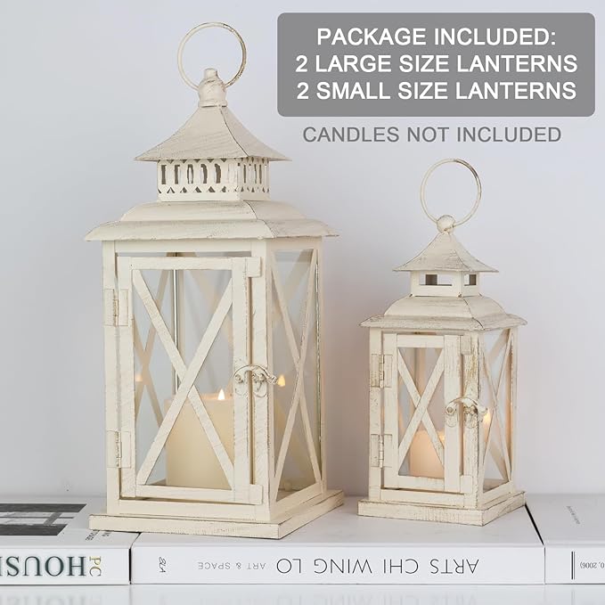 NEEDOMO Lanterns Decorative Outdoor&Indoor, Set of 4 (14"&10") Beige Metal Lantern Decor with Glass, Candle Holder for Porch, Patio, Garden, Balcony, Wedding, Table Centerpiece
