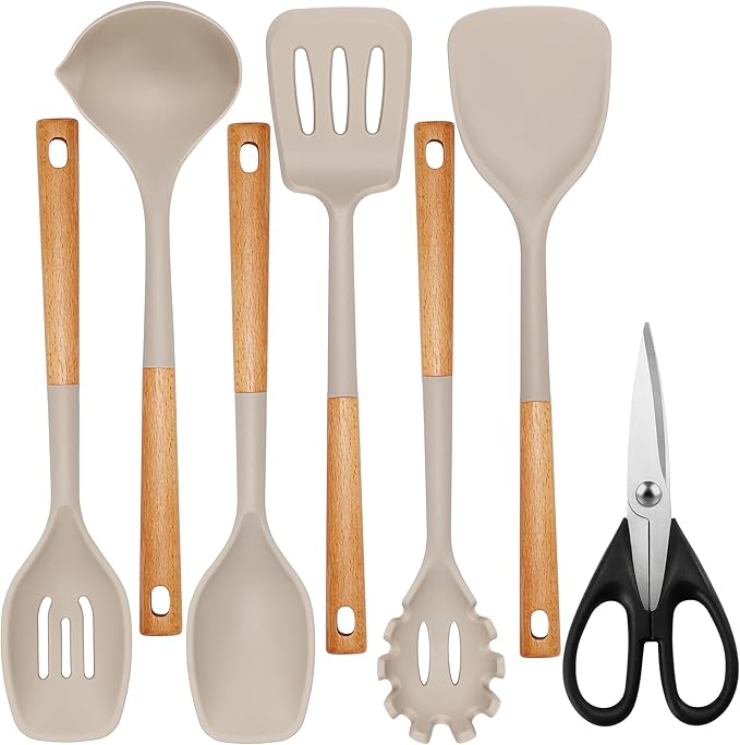 QMVESS Silicone Cooking Utensils Set, Kitchen Utensils Set 7 Pcs with Long Wooden Handle, Food Grade and Heat Resistant Large Silicone Spatula Set for Nonstick Cookware, BPA Free(Khaki)