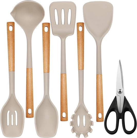 QMVESS Silicone Cooking Utensils Set, Kitchen Utensils Set 7 Pcs with Long Wooden Handle, Food Grade and Heat Resistant Large Silicone Spatula Set for Nonstick Cookware, BPA Free(Khaki)
