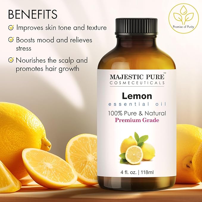 Majestic Pure Lemon Essential Oil with Glass Dropper - Huge 4 Fl Oz - 100% Pure and Natural Lemon Oil - Premium Grade Essential Oils for Diffuser, Aromatherapy, Soap and Candle Making