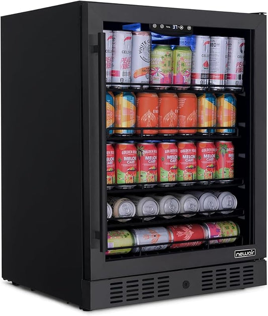 Newair 24" Beverage Refrigerator 177 Can Capacity, Black Stainless Steel Mini Fridge with Built-in Cooler and Glass Door, Cool your Soda, Beer, and Beverages to 37F