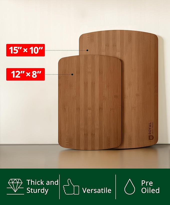 ROYAL CRAFT WOOD Cutting Boards for Kitchen - Wooden Cutting Board for Meal Prep & Serving, Non-Toxic Bamboo Chopping Board, Carbonized Bamboo Durable Charcuterie & Lightweight Serving Boards (2 pcs)