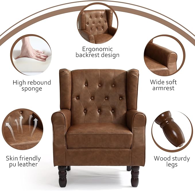 High Back Accent Chairs Set of 2,Upholstered Faux Leather Wingback Armchairs with Solid Wood Legs for Small Spaces,Comfy Single Sofa Chairs for Living Room,Bedroom,Office-Brown