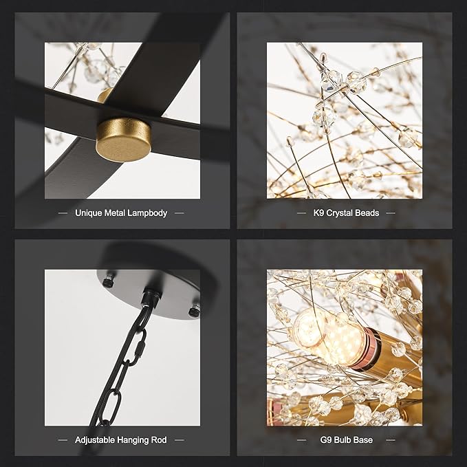 Modern Crystal Chandeliers Firework, 23.2'' Black Gold 12-Light Globe Dandelion Sputnik Chandelier, Hanging Pendant Lighting Fixture for Dining Room, Bedroom, Kitchen, Entryway, Foyer