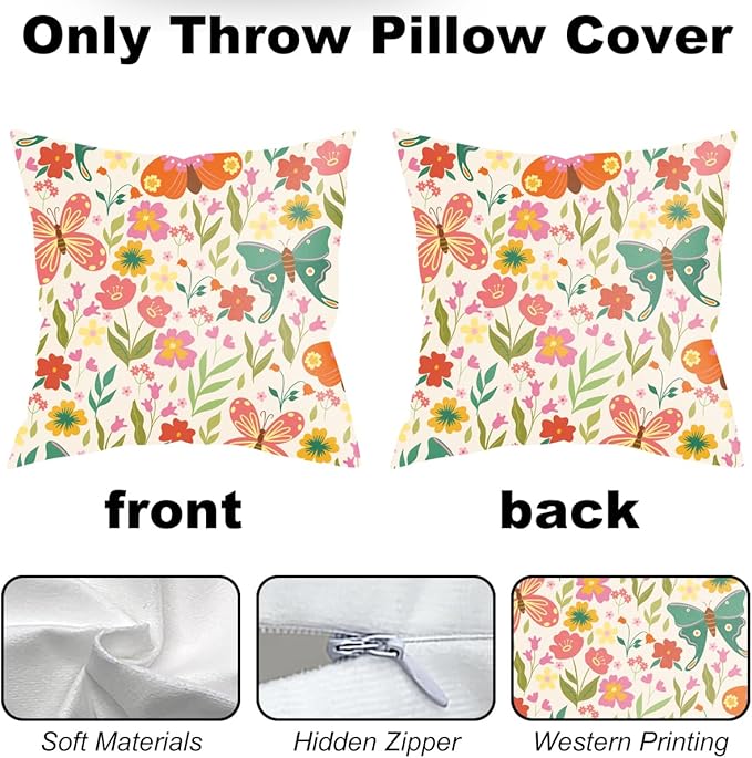 2 Pack Cute Wildflowers Butterfly Decor Throw Pillow Covers, 18x18 Pillow Cover, Decorative Couch Pillow Covers Flower Decor Pillowcase for Sofa Cushion Sofa Home Bedroom Office Car Seat Living Room