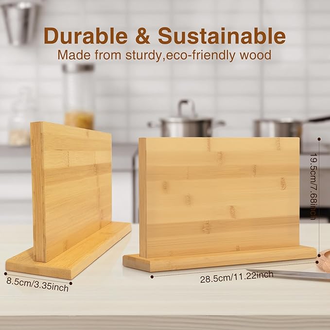 Magnetic Knife Block 28 x 19 Inches, Double Sided Magnetic Knife Holder Rack for Kitchen Counter, Acacia Wood Magnetic Knife Storage Stand with Knife Sharpener