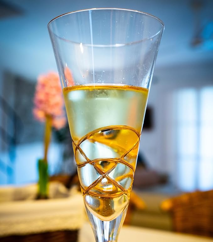 Victoria Barcelona Champagne Flute Set of 2 – 7.5 oz Mouth‑Blown Golden Luster Glass | Hand‑Painted with Real Gold Dust, Gaudí & Murano Inspired | Artistic Premium Gift Ideas for Her or Him