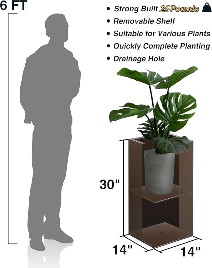 Metallic Heavy Tall Outdoor/Indoor Planter Box 14Lx14Wx30H Inches, Rectangular Tall Planter, Large Flowerpot, 25 Pounds, Espresso, No Assembly Required 1 Pack