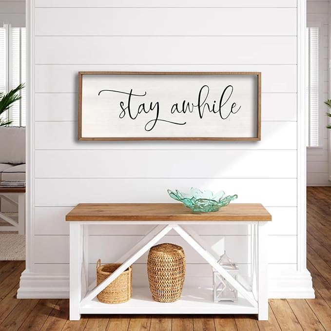 Stay Awhile Sign Wall Decor Sign 40"X15" Large Living Room Entryway Wood Framed Rustic Wall Decor for Vintage Farmhouse Foyer Hanging Lets Stay Home Wall Art (Wood)