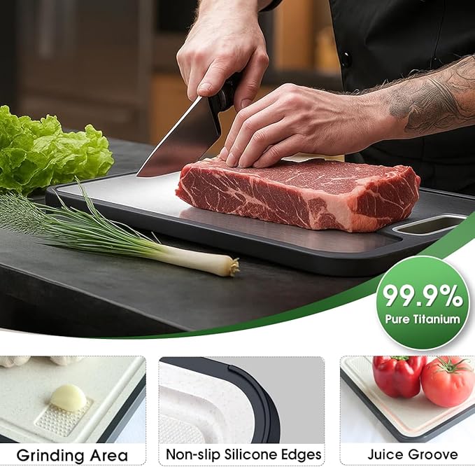 Mushu Titanium Cutting Boards for Kitchen,Upgrated Double Sided Food-Grade 100% Pure Titanium w/Wheat Straw PP Chopping Board for Meat Vegetable Fruit,Easy to Clean,Kitchen Gifts Large Size