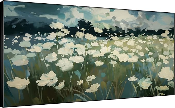 SIGNWIN 36"x72" Extra Large Framed Wall Art White Wildflower Field in Impressionist Style, Soft Floral Landscape for Home Living Room Bedroom Decor (Frame Assembly Required)