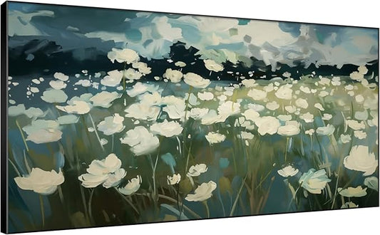 SIGNWIN 36"x72" Extra Large Framed Wall Art White Wildflower Field in Impressionist Style, Soft Floral Landscape for Home Living Room Bedroom Decor (Frame Assembly Required)