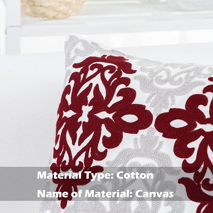 HWY 50 Burgundy Red Decorative Throw Pillow Covers 18x18 Inch (1 Piece), Embroidered Cotton Farmhouse Cushion Cover Pillow Case for Sofa Couch Living Room Bed Bedroon, Floral Geometric