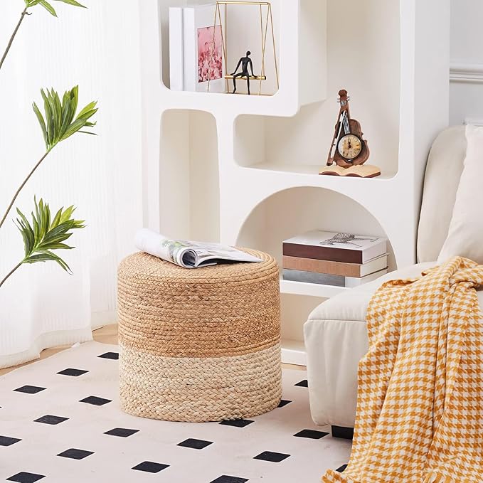 Wimarsbon 18'' Pouf Ottoman, Natural Braided Poof, Round Poufs, Rustic Handweave Lounge Pouffe, Boho Footrest Stool for Bedroom, Accent Table or Seat for Patio, Living Room