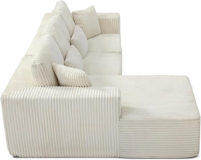 HYJT-H&K Modular Sectional Sofa Cloud Sectional Couch, 107" Comfy Fluffy L Shaped White Couches for Living Room, Deep Seat Memory Foam Plush Corduroy Boneless Couch Sectionals Left Facing Chaise Sofa