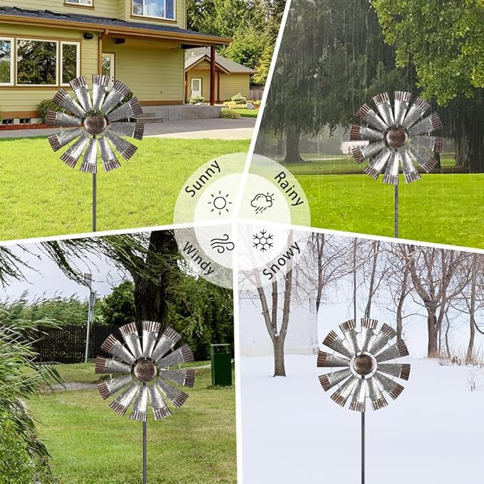 Wind Spinners Outdoor,Metal Vintage Style Single Sided Silver Windmill Kinetic Wind Spinner for Outdoor Garden Patio Yard Decor,Diameter 13 Inches