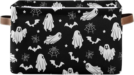 Collapsible Storage Basket Bin Happy Halloween Organizer Cube with Handle, Canvas, Black